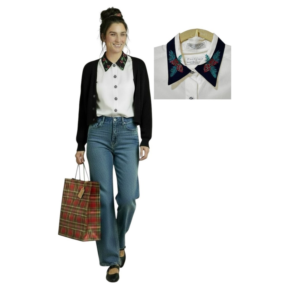 VTG 80s Northern Isles Women's Holiday Blouse Shirt Top 8 Christmas Embroidery